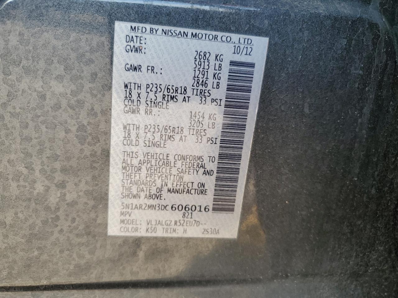 2013 Nissan Pathfinder VIN 5N1AR2MN3DC606016 Copart auction photo, front end / rear end damage thumbnail 13