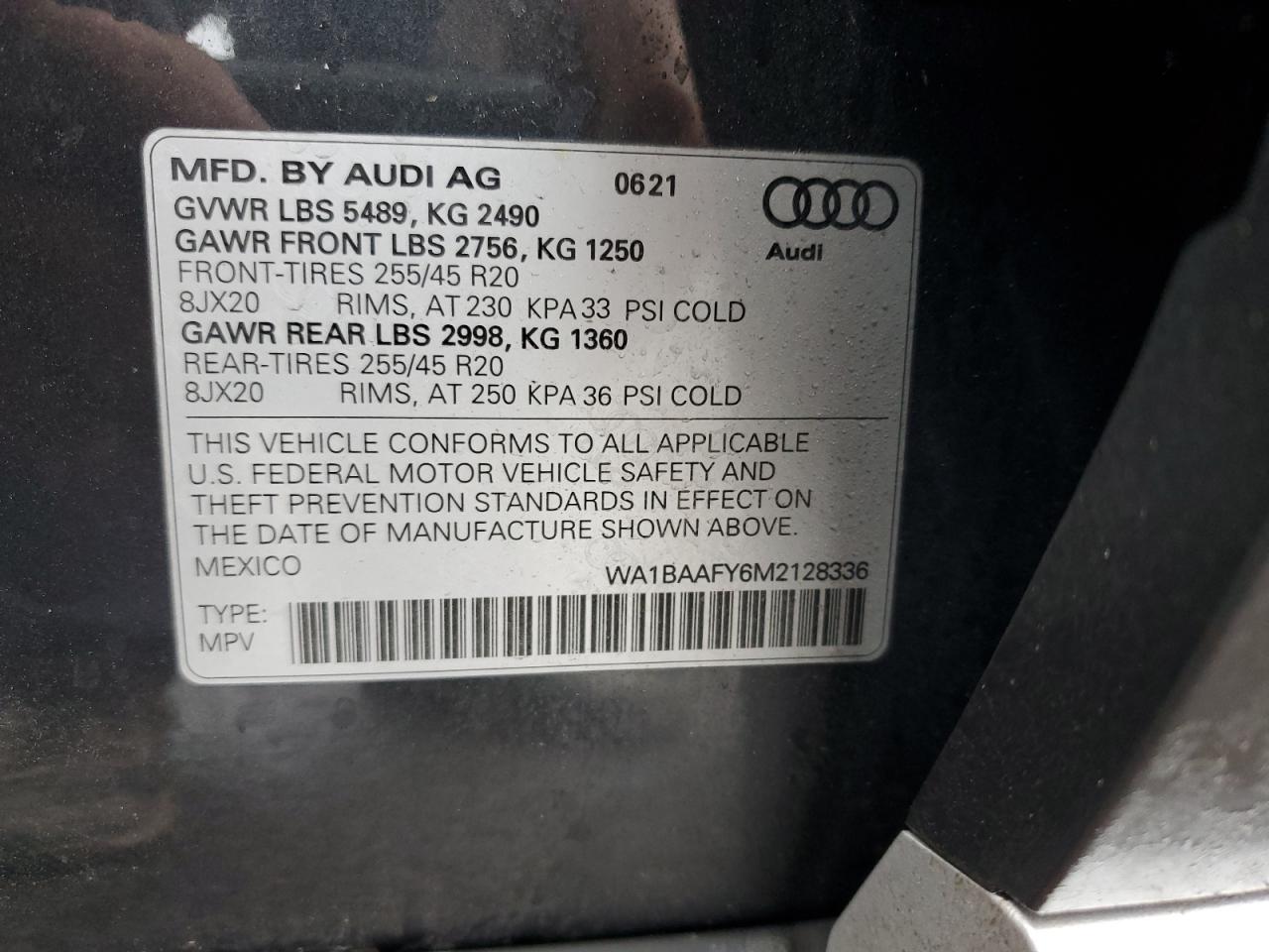 2021 Audi Q5 VIN WA1BAAFY6M2128336 Copart auction photo, front end / stripped damage thumbnail 13