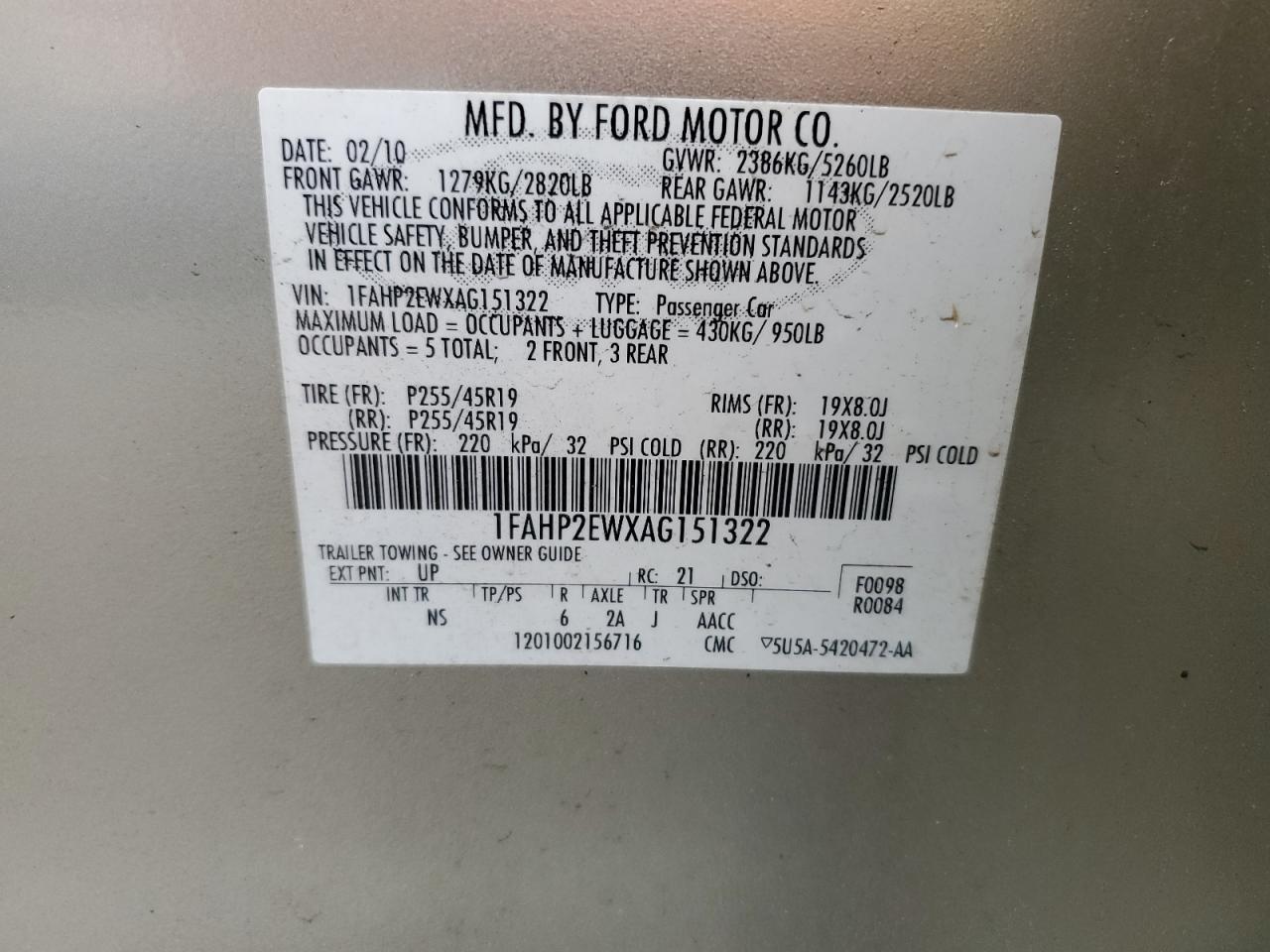 2010 Ford Taurus VIN 1FAHP2EWXAG151322 Copart auction photo, front end damage thumbnail 12