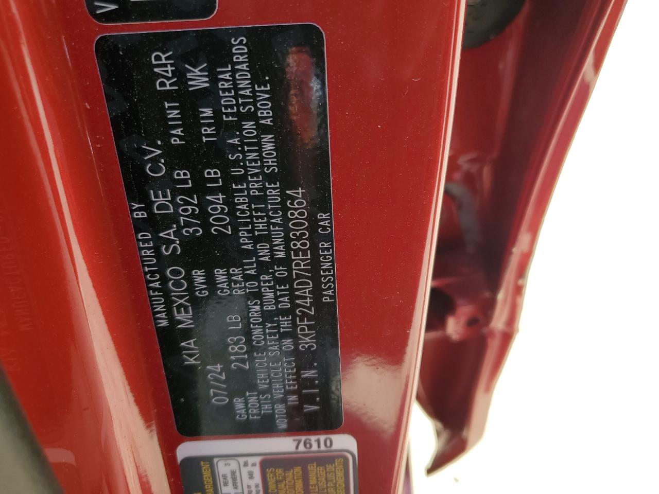 2024 KIA Forte VIN 3KPF24AD7RE830864 Copart auction photo, side damage thumbnail 13