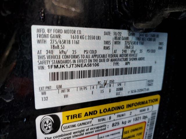 2022 Ford Expedition VIN 1FMJK1JT3NEA58106 Copart auction photo, hail damage thumbnail 14