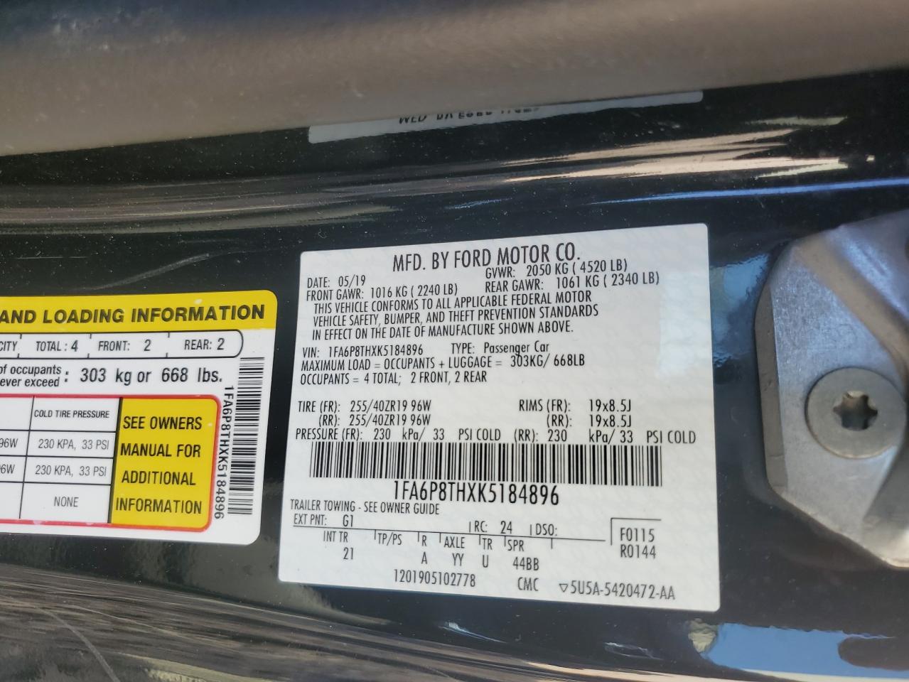 2019 Ford Mustang VIN 1FA6P8THXK5184896 Copart auction photo, all over damage thumbnail 13