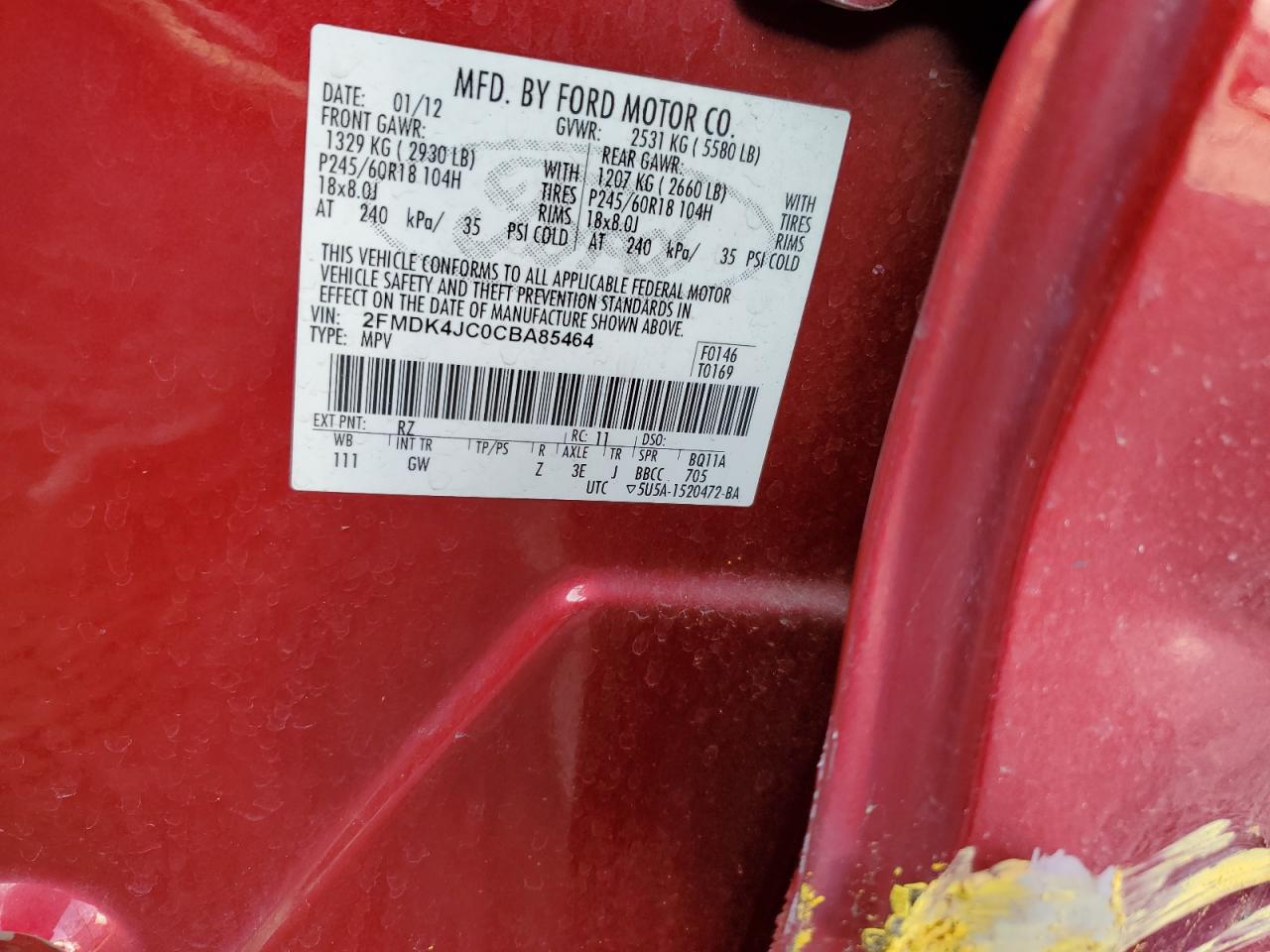 2012 Ford Edge VIN 2FMDK4JC0CBA85464 Copart auction photo, side damage thumbnail 15
