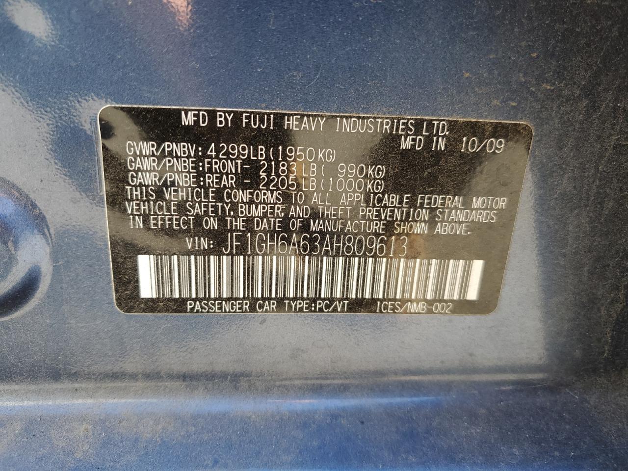 2010 Subaru Impreza VIN JF1GH6A63AH809613 Copart auction photo, side damage thumbnail 12