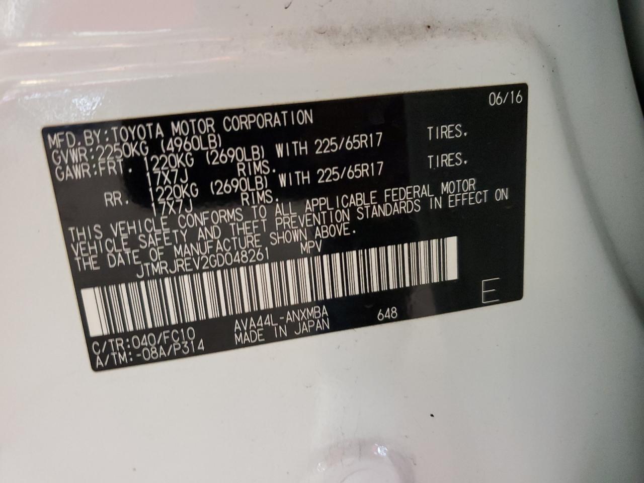 2016 Toyota RAV 4 VIN JTMRJREV2GD048261 Copart auction photo, side damage thumbnail 14