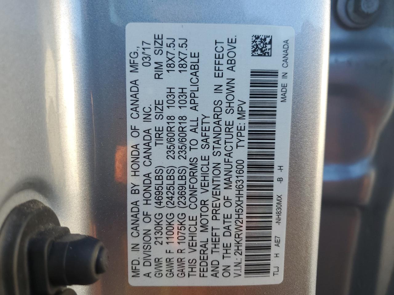 2017 Honda CR-V VIN 2HKRW2H5XHH631600 Copart auction photo, rear end / undercarriage damage thumbnail 16
