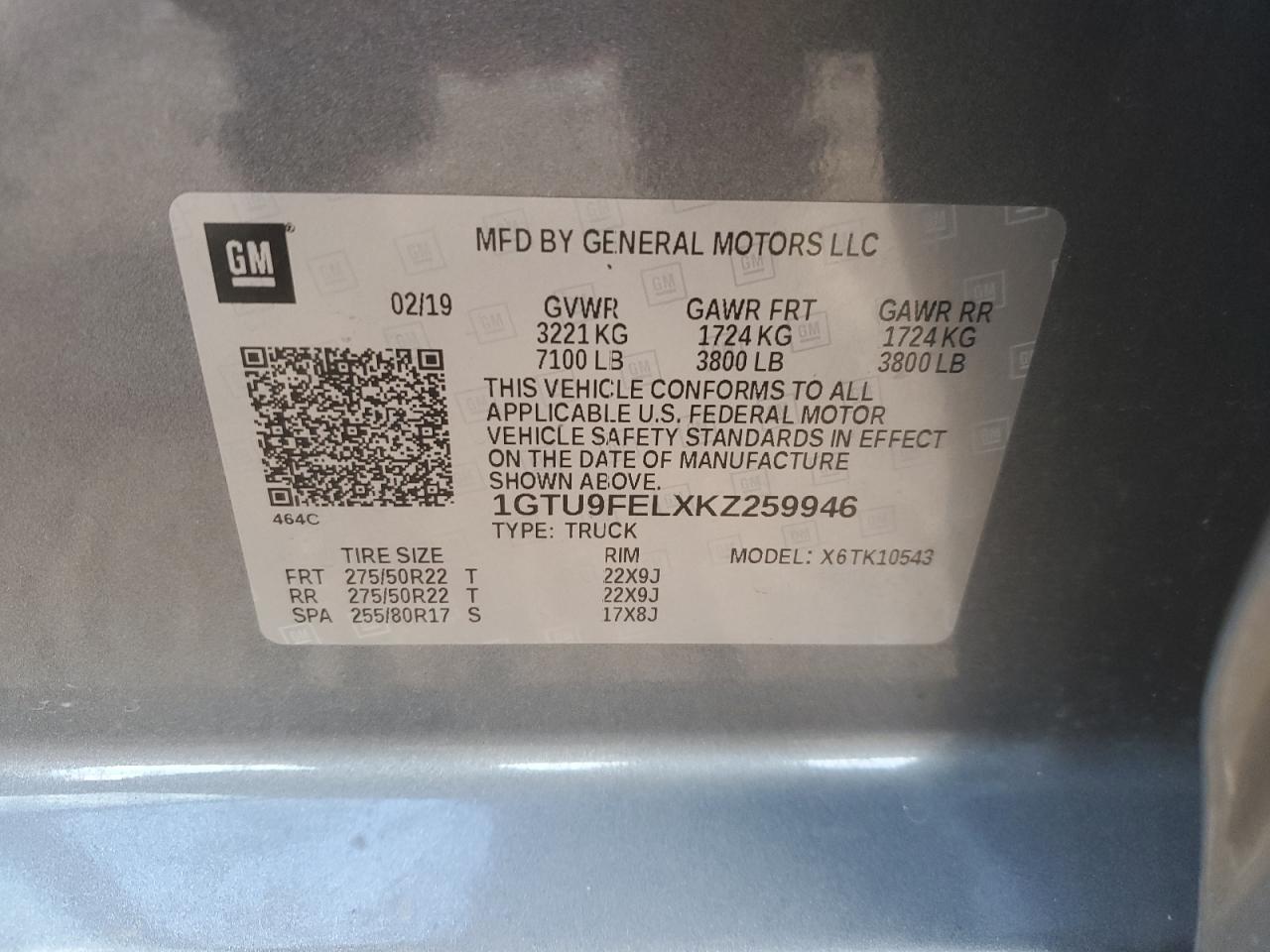 2019 GMC Sierra VIN 1GTU9FELXKZ259946 Copart auction photo, side / rear end damage thumbnail 14
