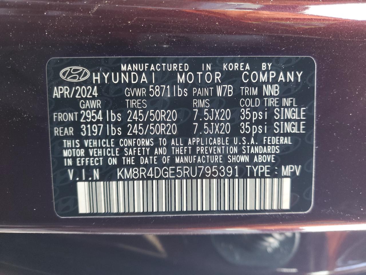2024 Hyundai Palisade VIN KM8R4DGE5RU795391 Copart auction photo, rear end / minor dent/scratches damage thumbnail 14