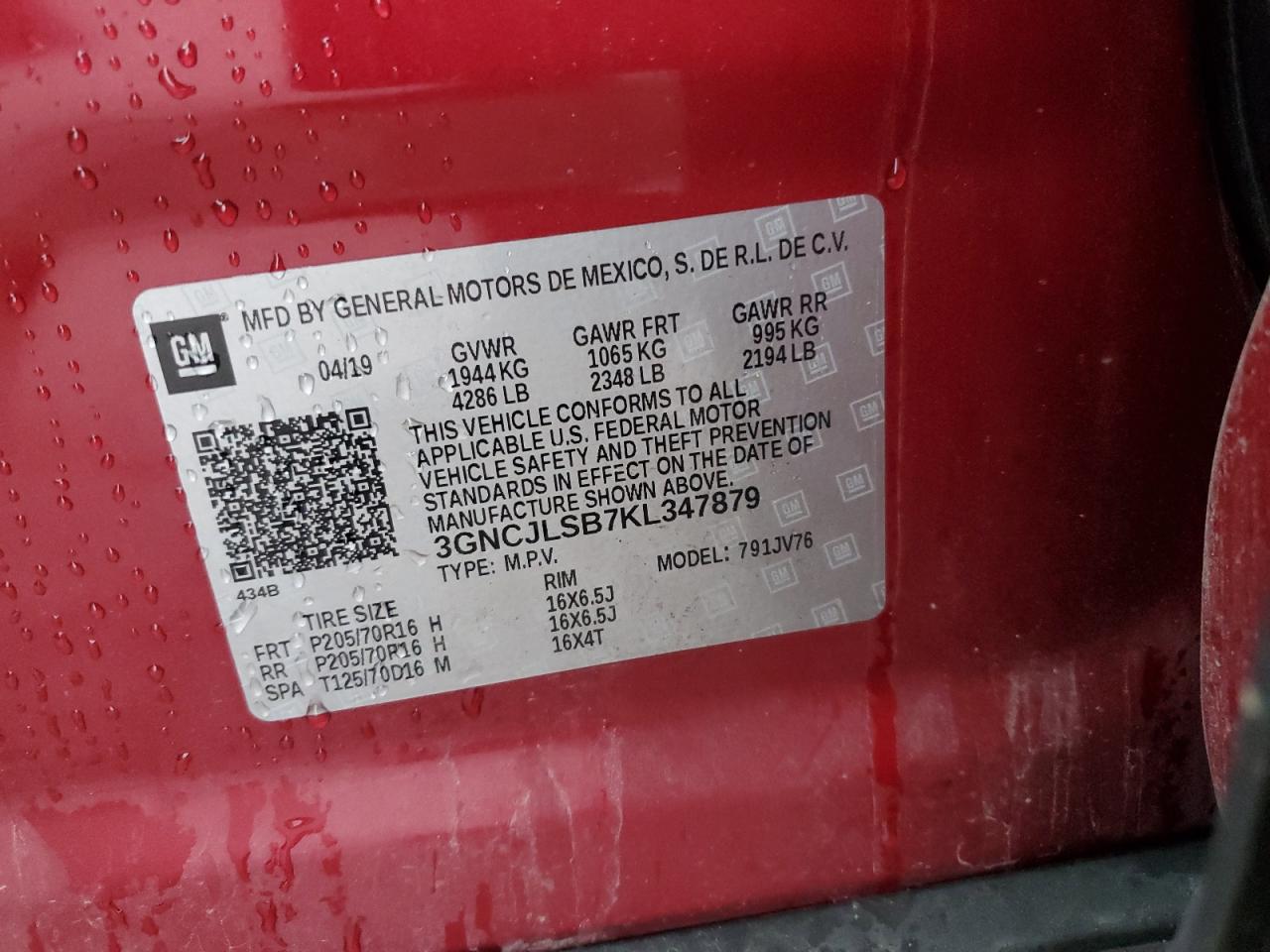 2019 Chevrolet Trax VIN 3GNCJLSB7KL347879 Copart auction photo, front end damage thumbnail 13