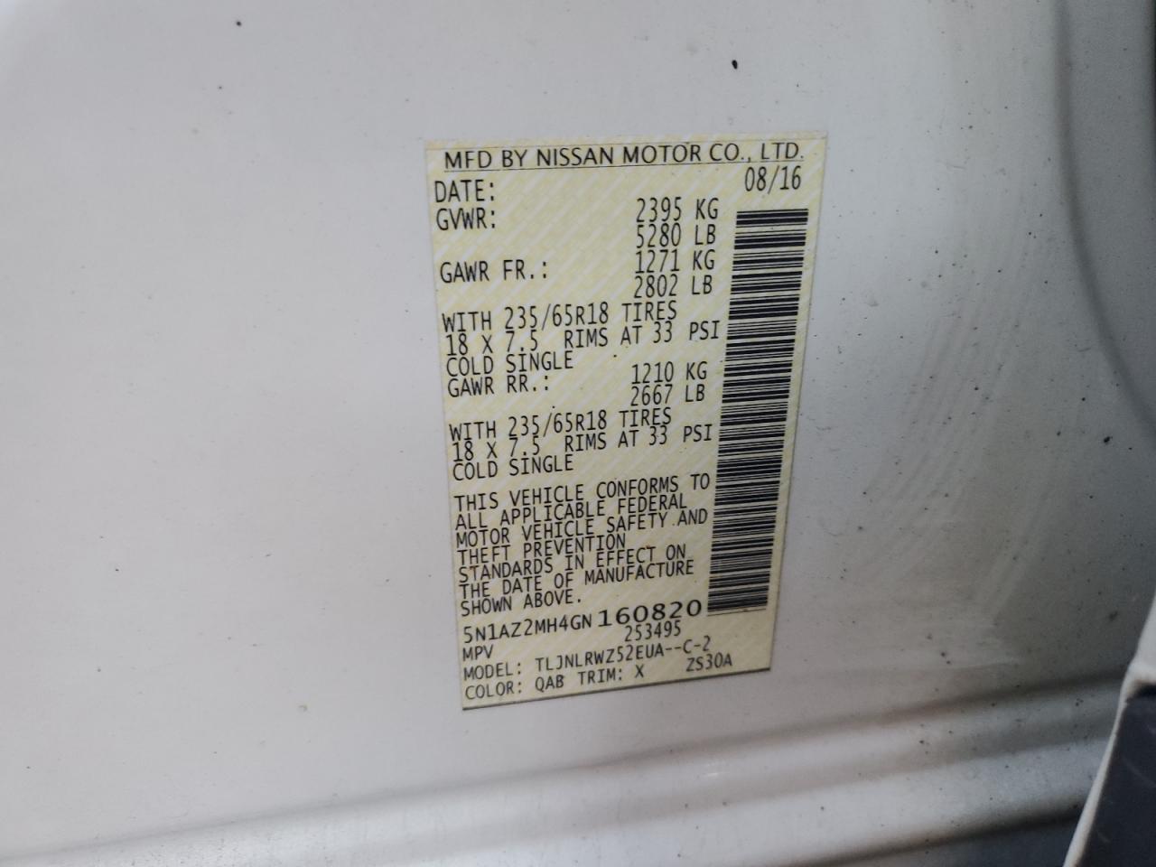 2016 Nissan Murano VIN 5N1AZ2MH4GN160820 Copart auction photo, all over damage thumbnail 13