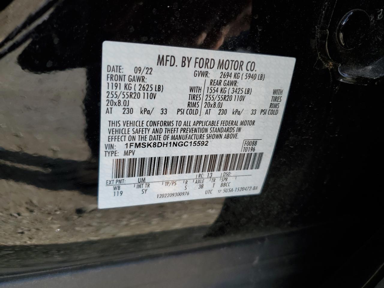 2022 Ford Explorer VIN 1FMSK8DH1NGC15592 Copart auction photo, front end damage thumbnail 12