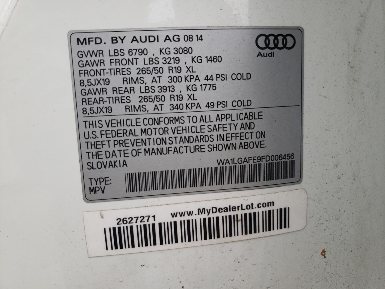 2015 Audi Q7 VIN WA1LGAFE9FD006456 Copart auction photo, front end damage thumbnail 13