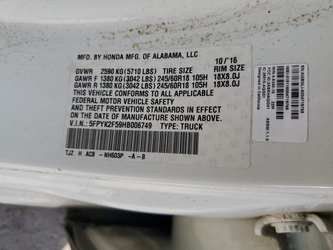 2017 Honda Ridgeline VIN 5FPYK2F59HB006749 Copart auction photo, side / rear end damage thumbnail 12
