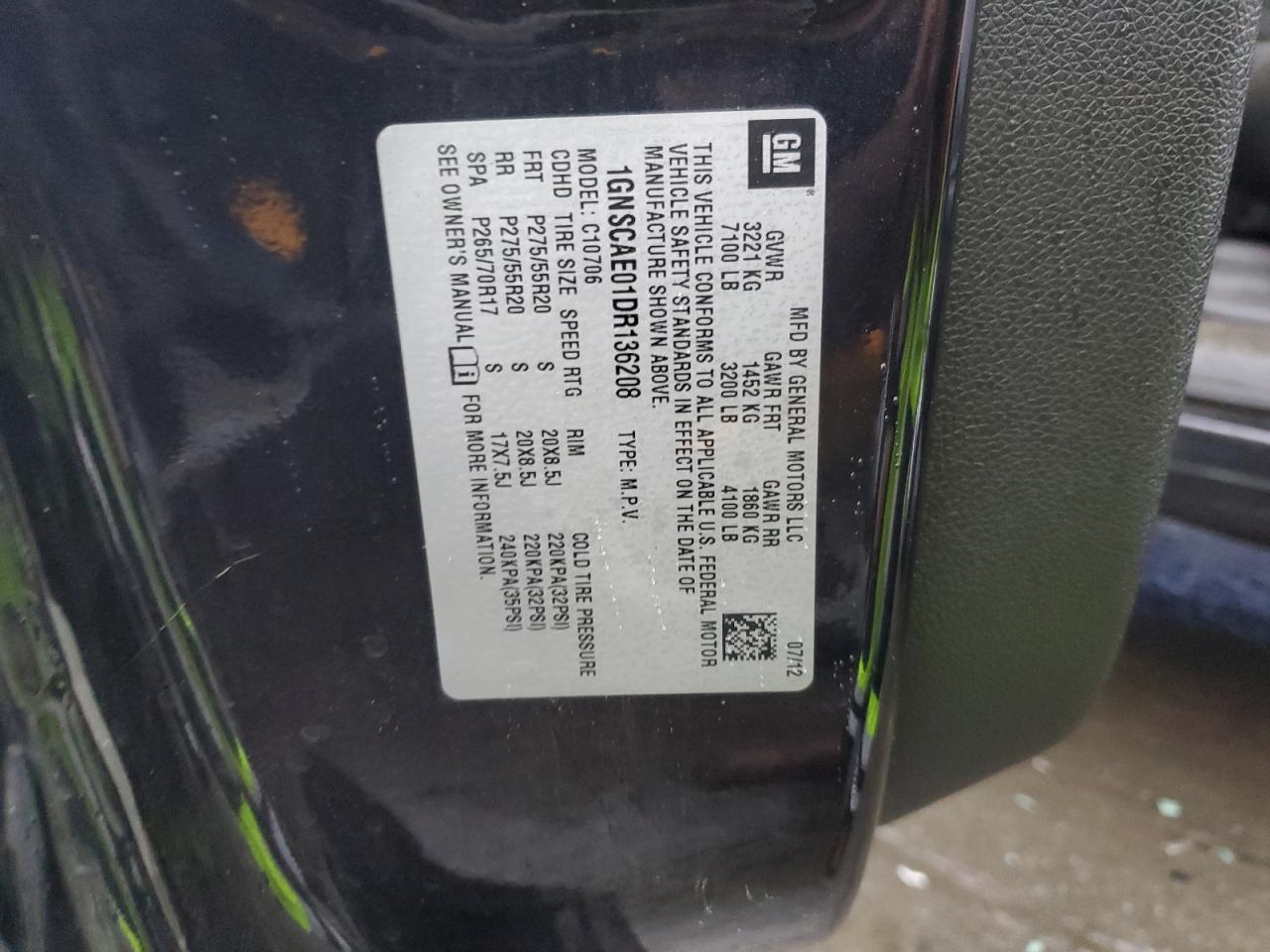 2013 Chevrolet Tahoe VIN 1GNSCAE01DR136208 Copart auction photo, side damage thumbnail 12
