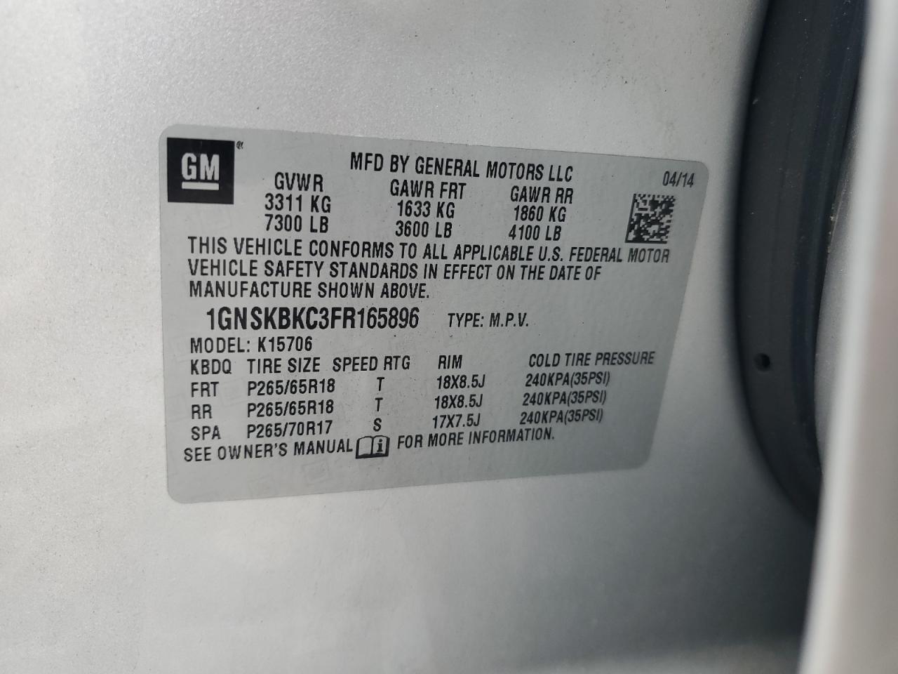 2015 Chevrolet Tahoe VIN 1GNSKBKC3FR165896 Copart auction photo, front end damage thumbnail 13