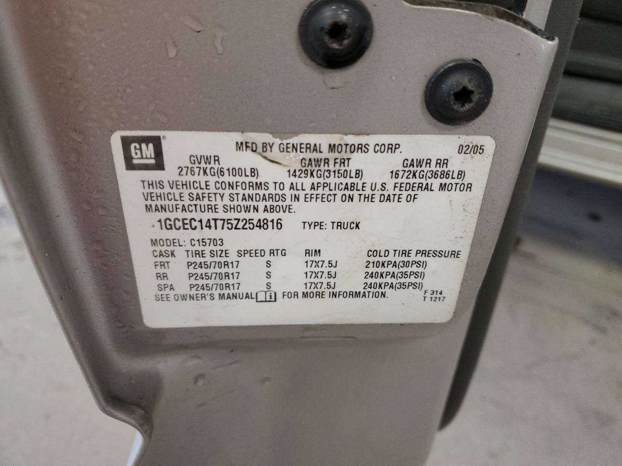 2005 Chevrolet Silverado VIN 1GCEC14T75Z254816 Copart auction photo, all over damage thumbnail 14