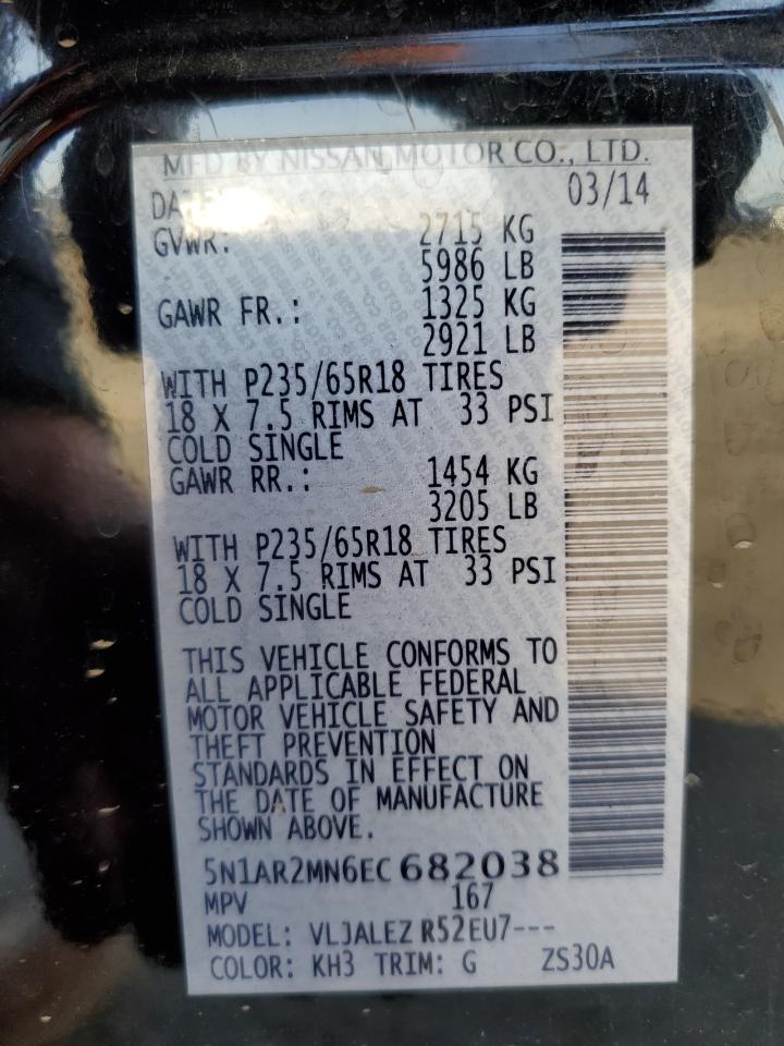 2014 Nissan Pathfinder VIN 5N1AR2MN6EC682038 Copart auction photo, side damage thumbnail 15
