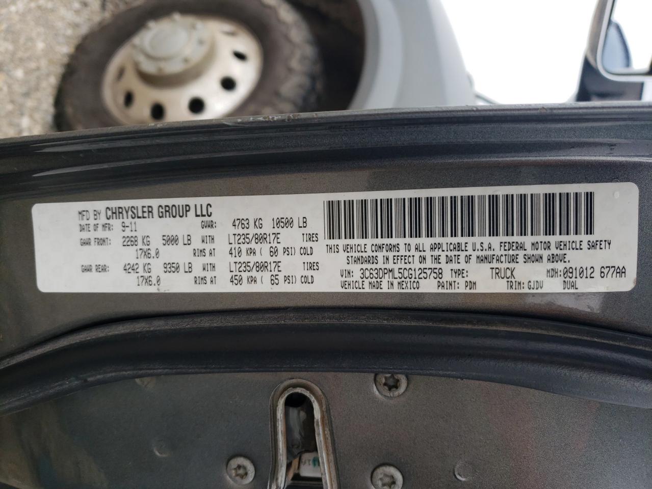 2012 Dodge RAM VIN 3C63DPML5CG125758 Copart auction photo, rear end / side damage thumbnail 12