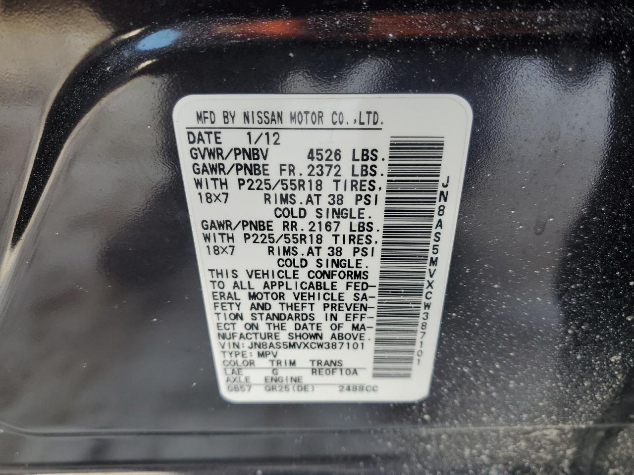2012 Nissan Rogue VIN JN8AS5MVXCW387101 Copart auction photo, undercarriage damage thumbnail 13