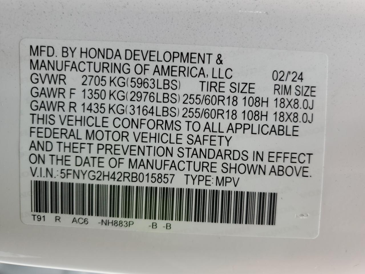 2024 Honda Pilot VIN 5FNYG2H42RB015857 Copart auction photo, side damage thumbnail 15