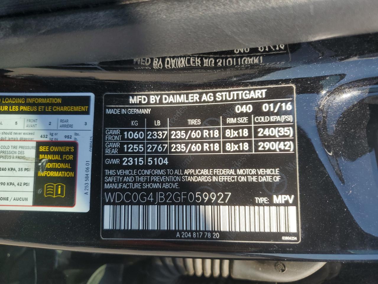 2016 Mercedes-Benz GLC VIN WDC0G4JB2GF059927 Copart auction photo, side damage thumbnail 13