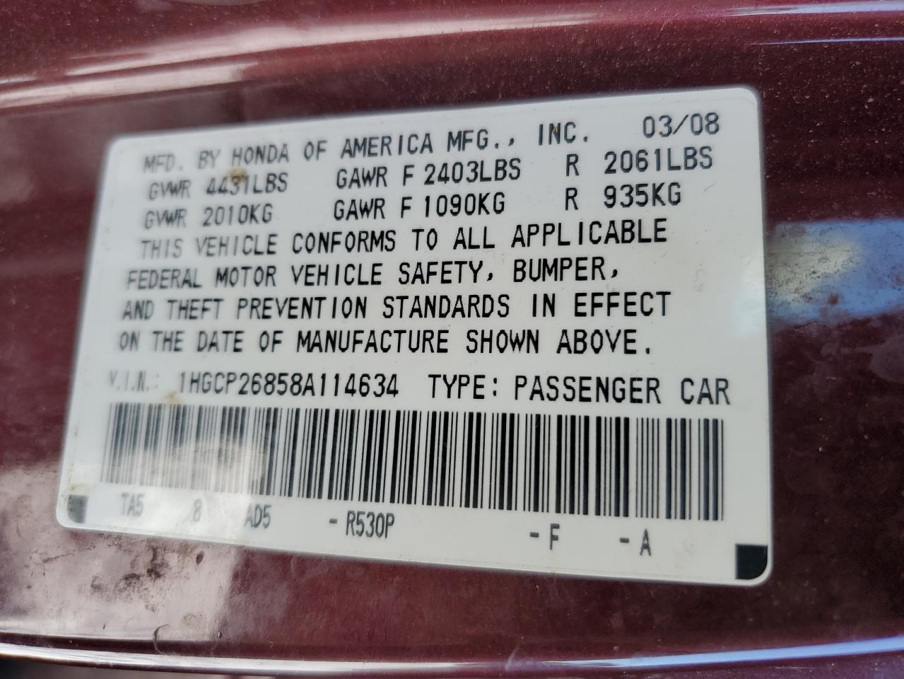 2008 Honda Accord VIN 1HGCP26858A114634 Copart auction photo, rear end damage thumbnail 14
