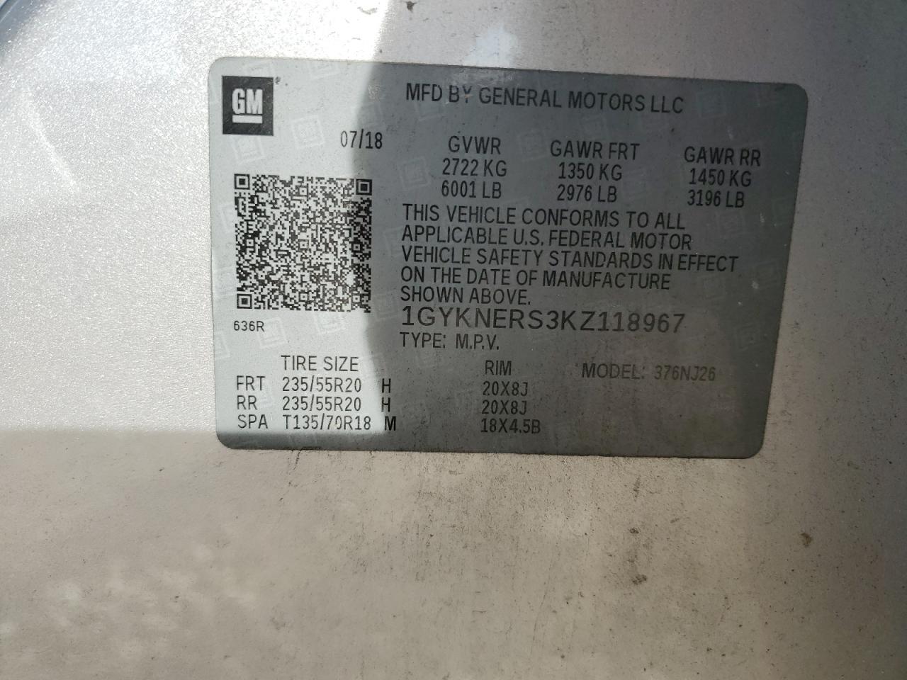 2019 Cadillac XT5 VIN 1GYKNERS3KZ118967 Copart auction photo, side damage thumbnail 15