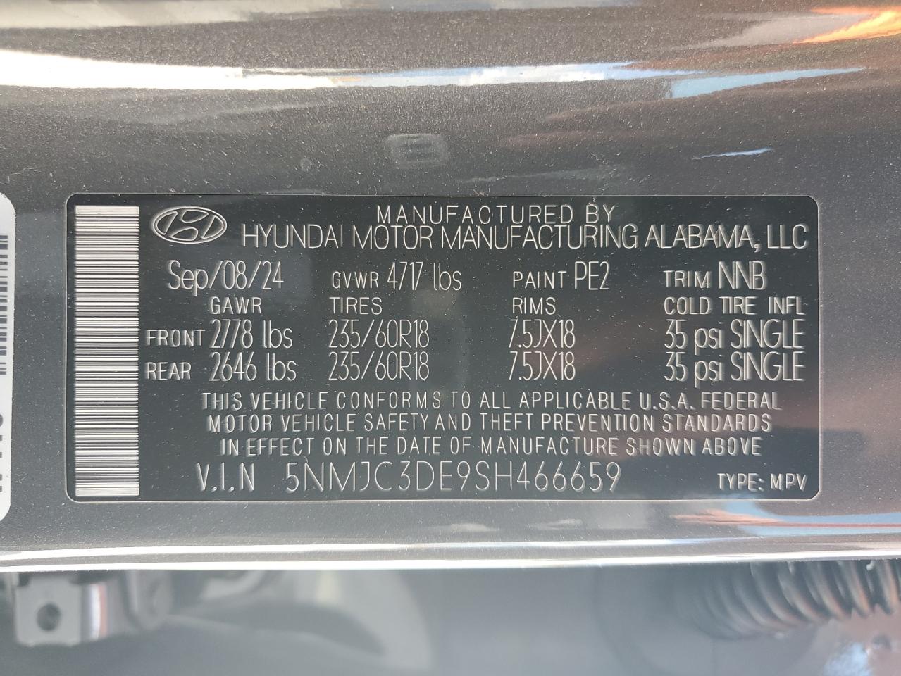 2025 Hyundai Tucson VIN 5NMJC3DE9SH466659 Copart auction photo, side / rear end damage thumbnail 14