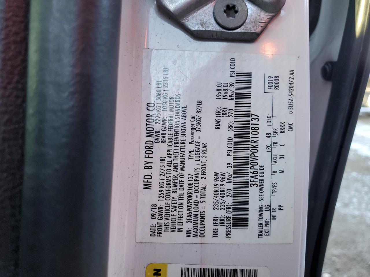 2019 Ford Fusion VIN 3FA6P0VP0KR108137 Copart auction photo, front end / side damage thumbnail 14
