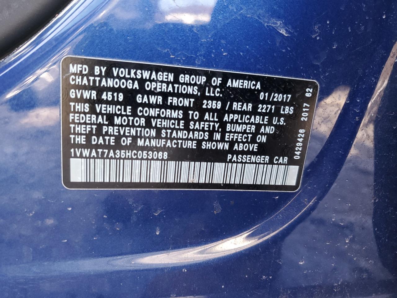 2017 Volkswagen Passat VIN 1VWAT7A35HC053068 Copart auction photo, all over damage thumbnail 12