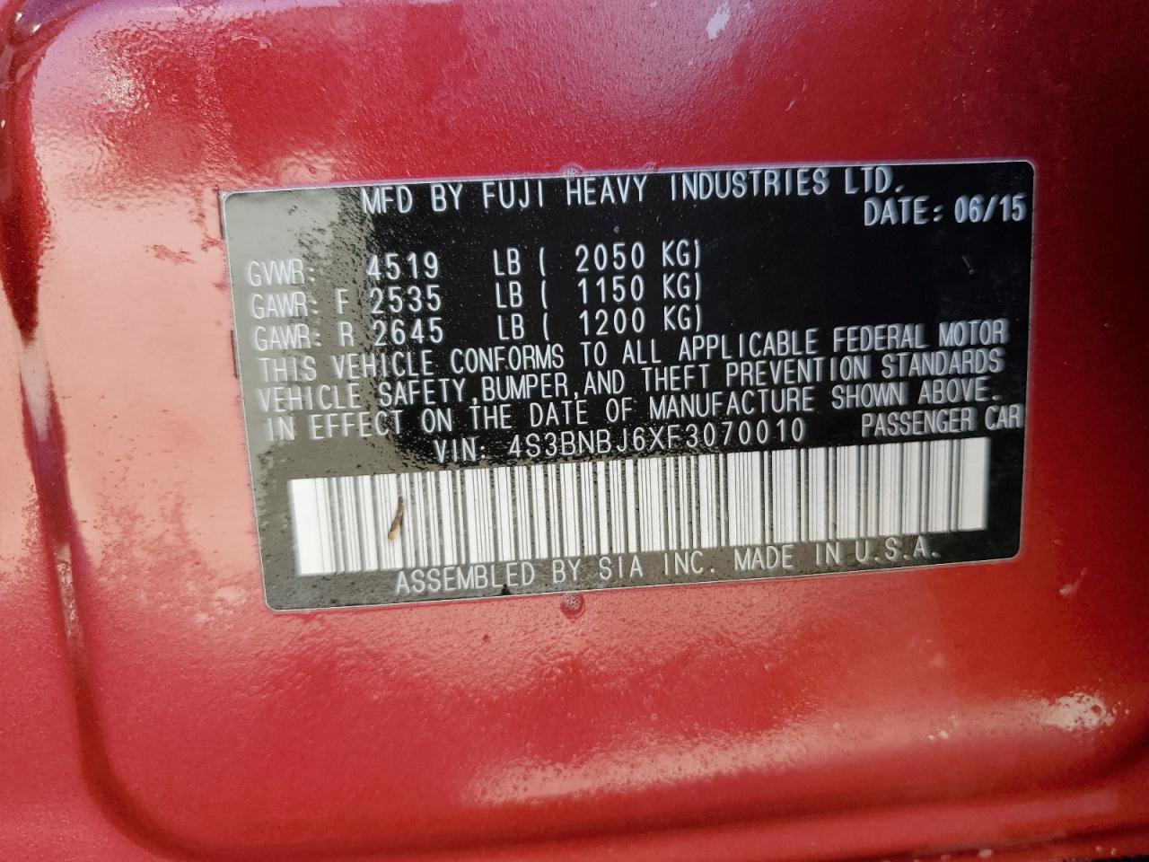 2015 Subaru Legacy VIN 4S3BNBJ6XF3070010 Copart auction photo, rear end / side damage thumbnail 12