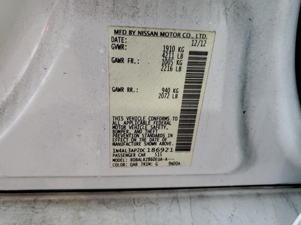 2013 Nissan Altima VIN 1N4AL3AP2DC186921 Copart auction photo, front end damage thumbnail 13