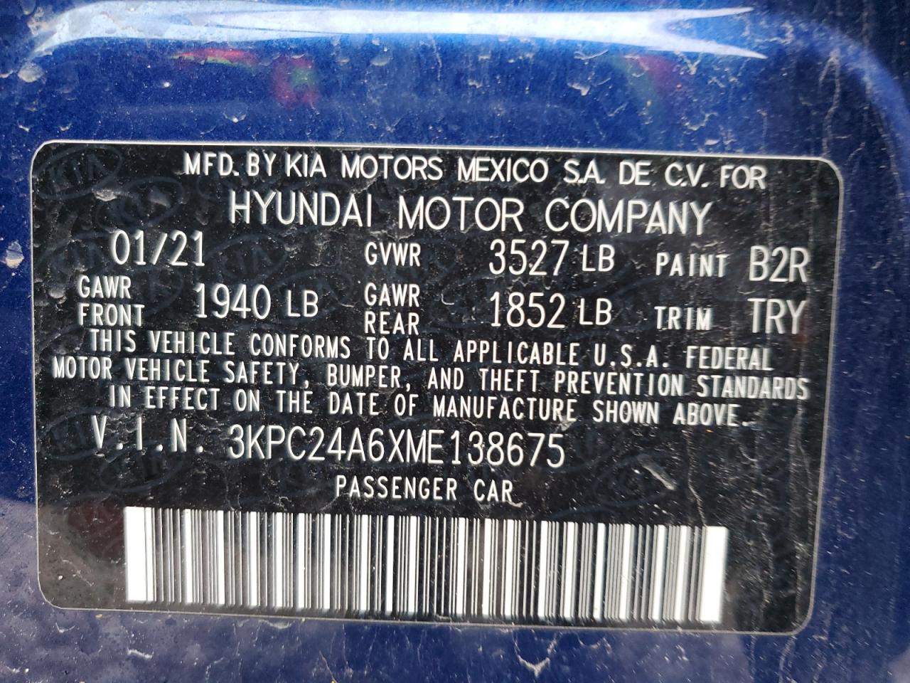 2021 Hyundai Accent VIN 3KPC24A6XME138675 Copart auction photo, front end / side damage thumbnail 14