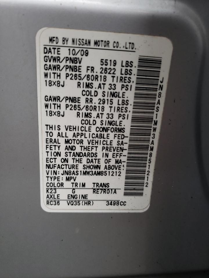 2010 Infiniti FX VIN JN8AS1MW3AM851212 Copart auction photo, burn / minor dent/scratches damage thumbnail 13