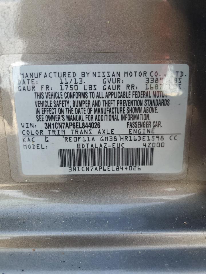 2014 Nissan Versa VIN 3N1CN7AP6EL844026 Copart auction photo, minor dent/scratches damage thumbnail 12