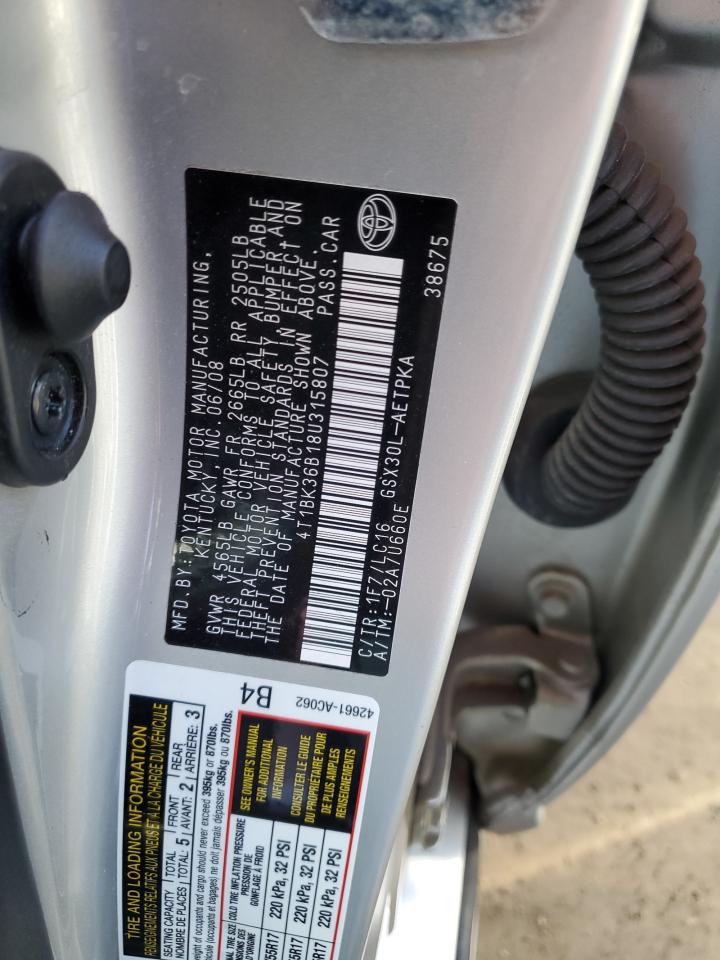 2008 Toyota Avalon VIN 4T1BK36B18U315807 Copart auction photo, front end damage thumbnail 12