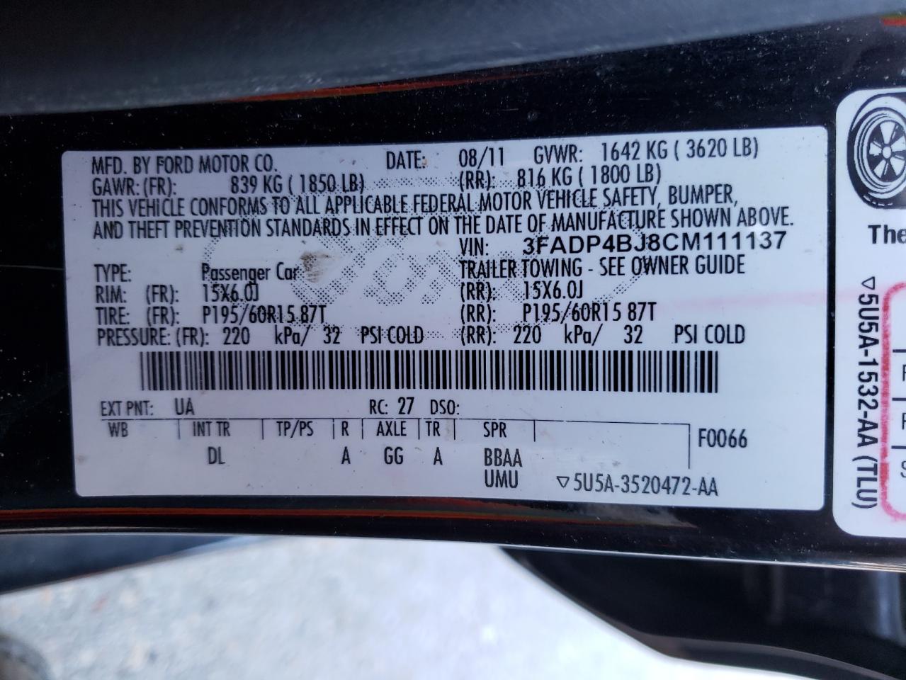 2012 Ford Fiesta VIN 3FADP4BJ8CM111137 Copart auction photo, all over / minor dent/scratches damage thumbnail 10
