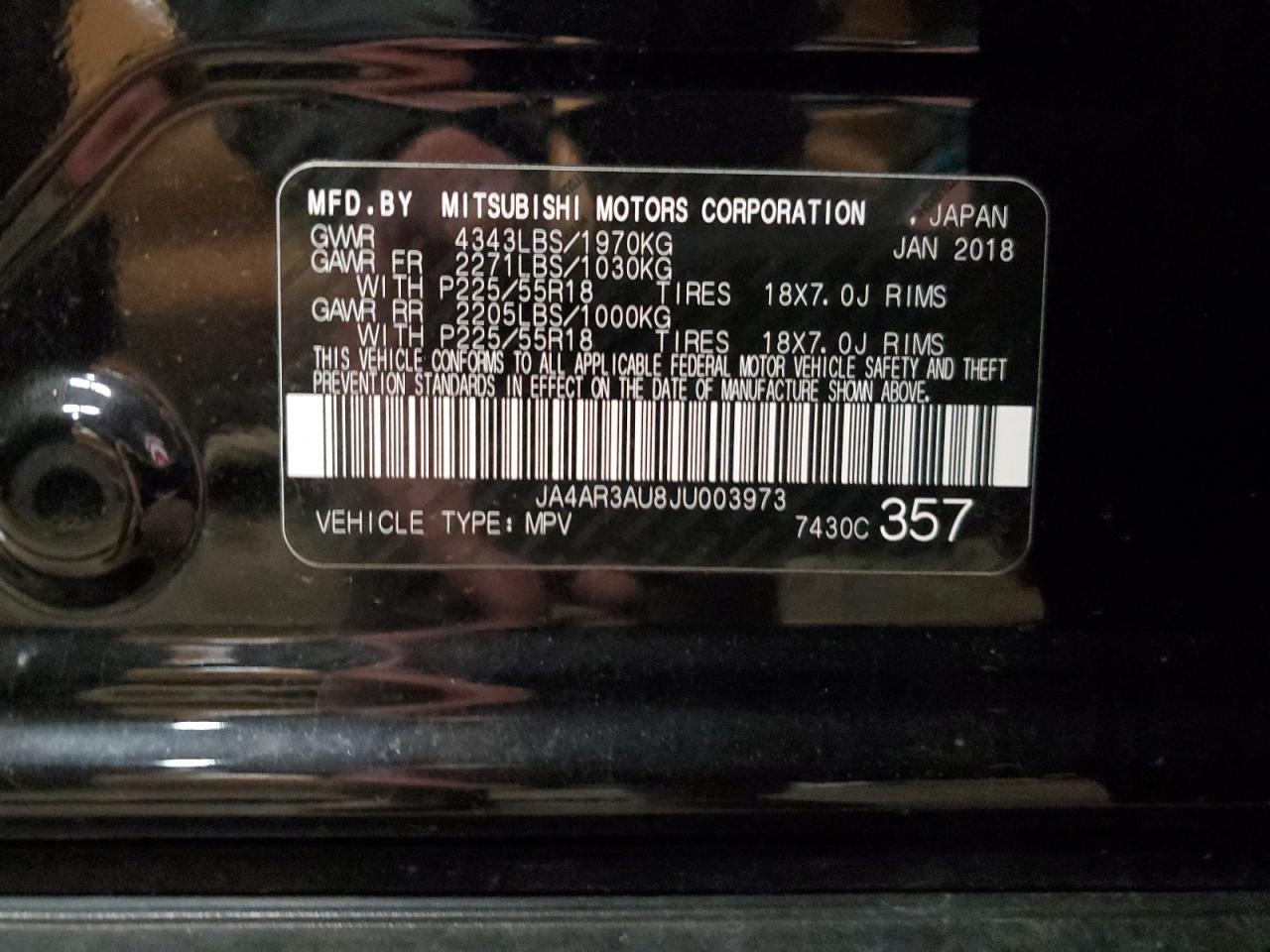 2018 Mitsubishi Outlander VIN JA4AR3AU8JU003973 Copart auction photo, front end / rear end damage thumbnail 16