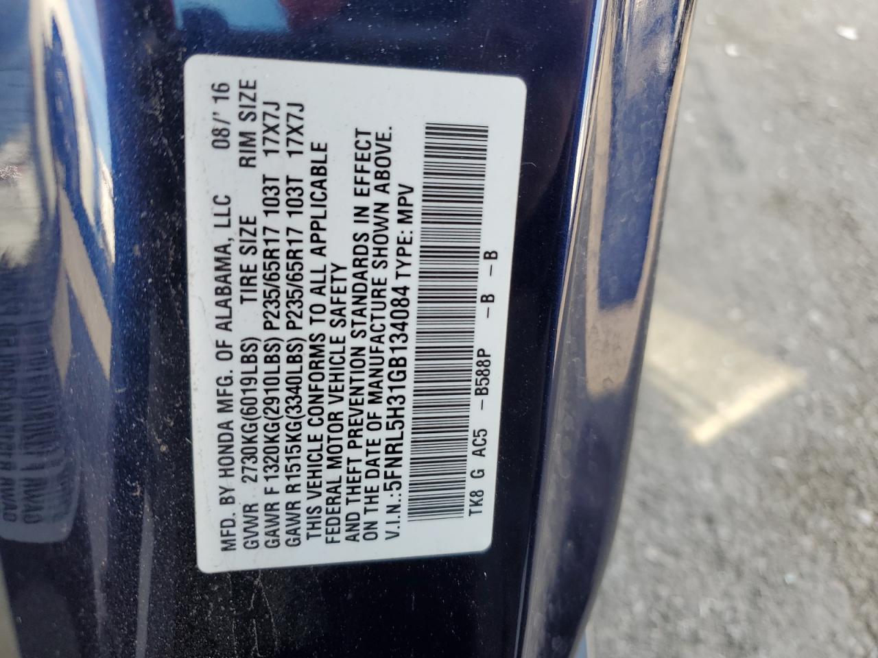 2016 Honda Odyssey VIN 5FNRL5H31GB134084 Copart auction photo, front end damage thumbnail 13