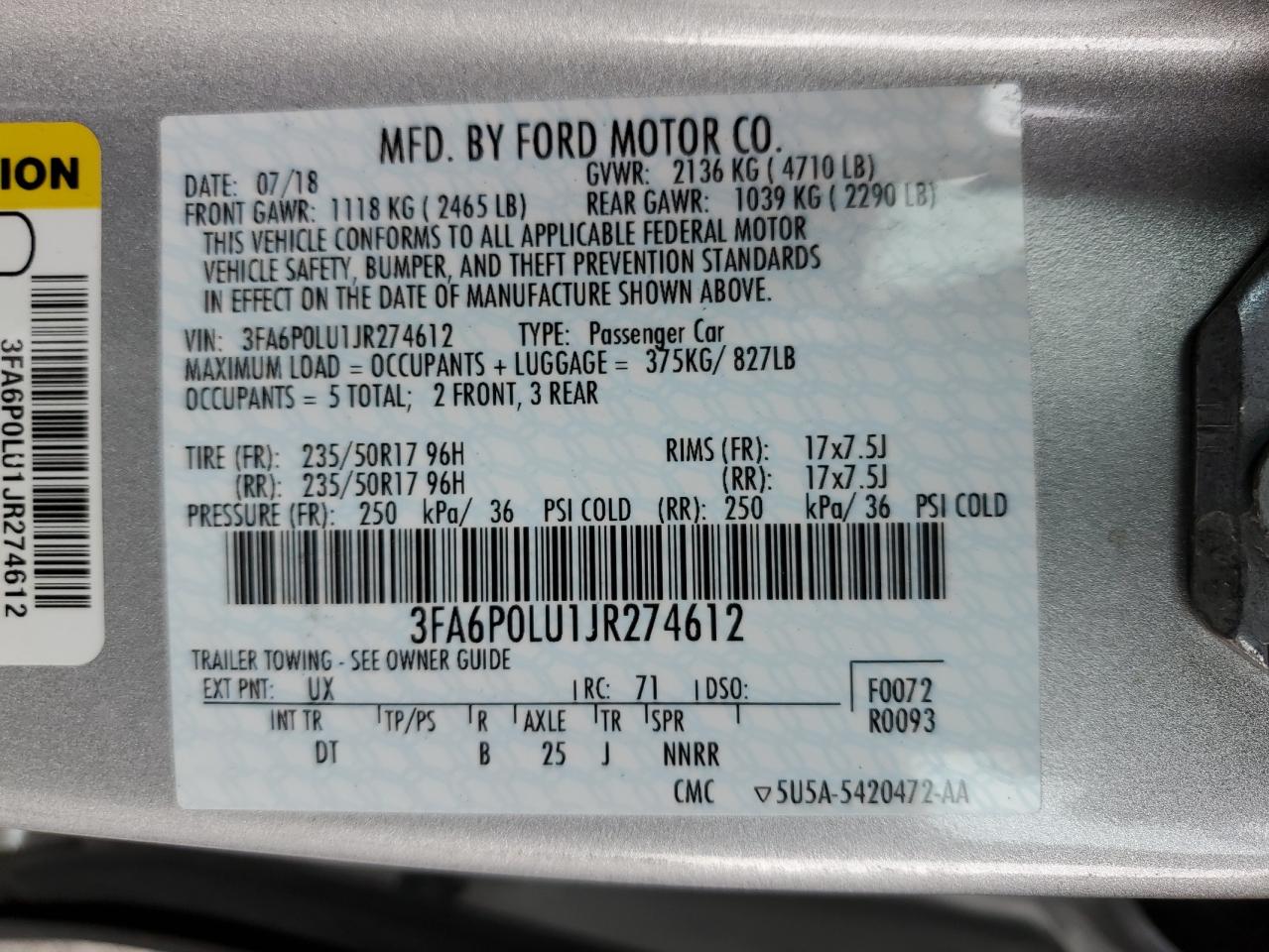 2018 Ford Fusion VIN 3FA6P0LU1JR274612 Copart auction photo, side / minor dent/scratches damage thumbnail 14