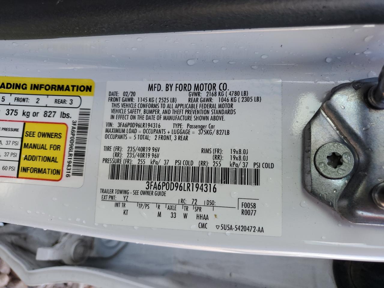 2020 Ford Fusion VIN 3FA6P0D96LR194316 Copart auction photo, front end damage thumbnail 13