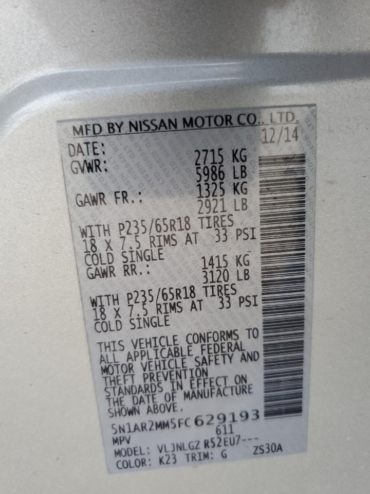 2015 Nissan Pathfinder VIN 5N1AR2MM5FC629193 Copart auction photo, all over damage thumbnail 13