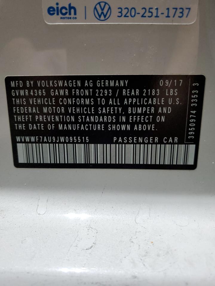 2018 Volkswagen Golf VIN WVWWF7AU9JW095515 Copart auction photo, front end / rear end damage thumbnail 12