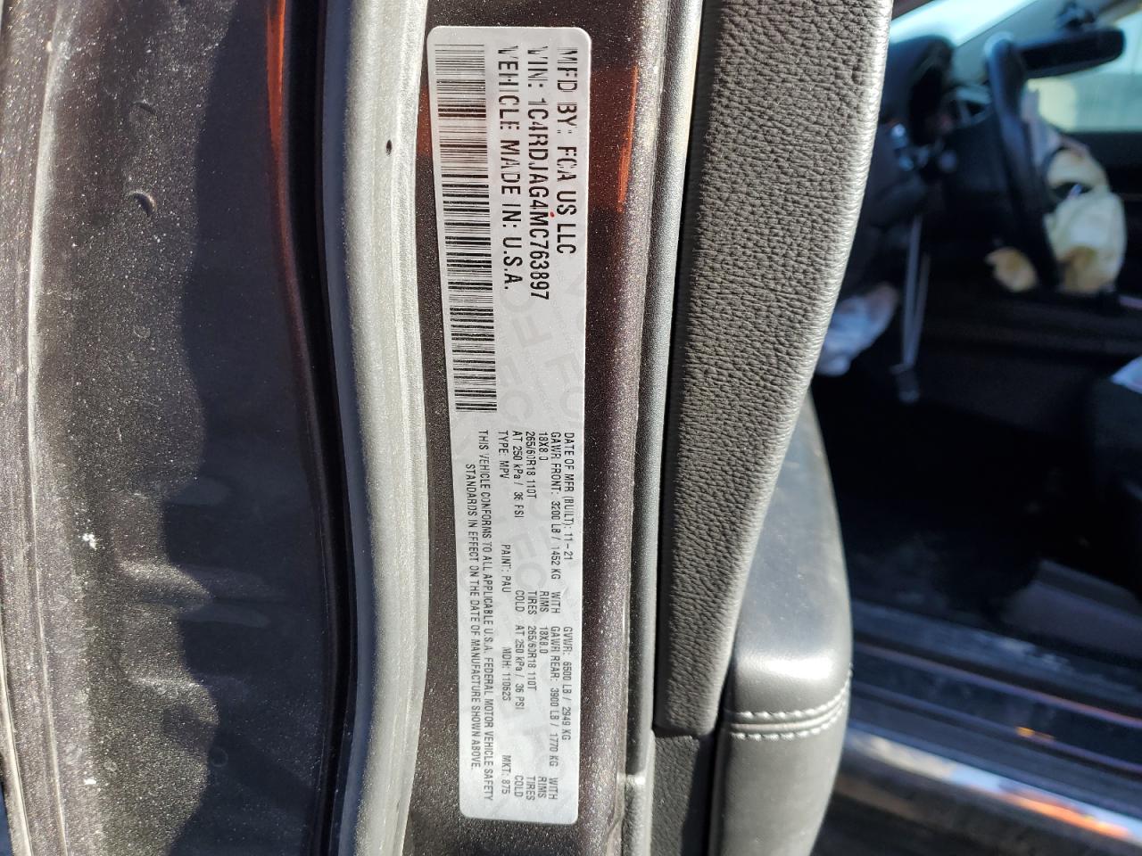 2021 Dodge Durango VIN 1C4RDJAG4MC763897 Copart auction photo, front end damage thumbnail 13