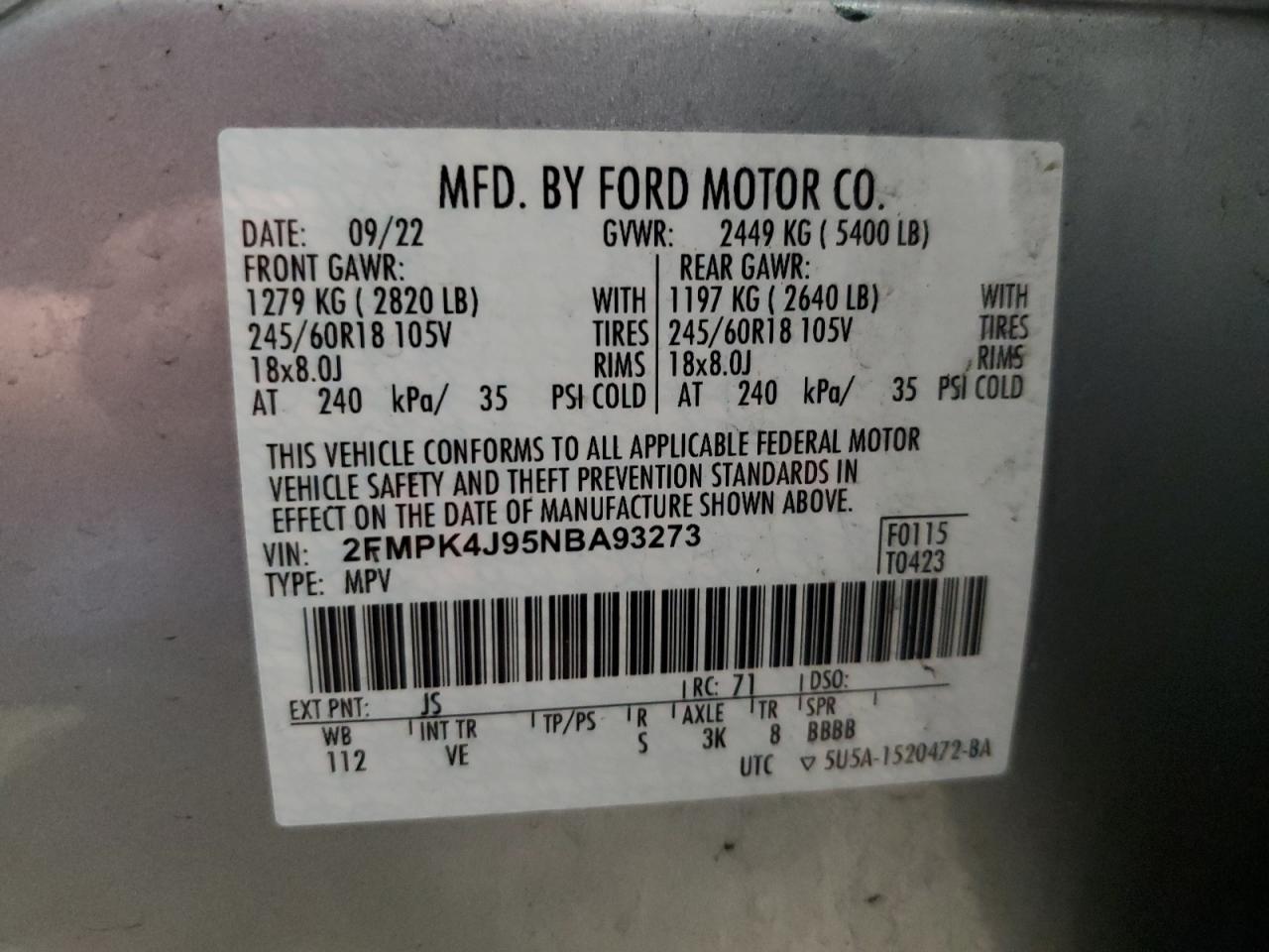 2022 Ford Edge VIN 2FMPK4J95NBA93273 Copart auction photo, front end / minor dent/scratches damage thumbnail 14