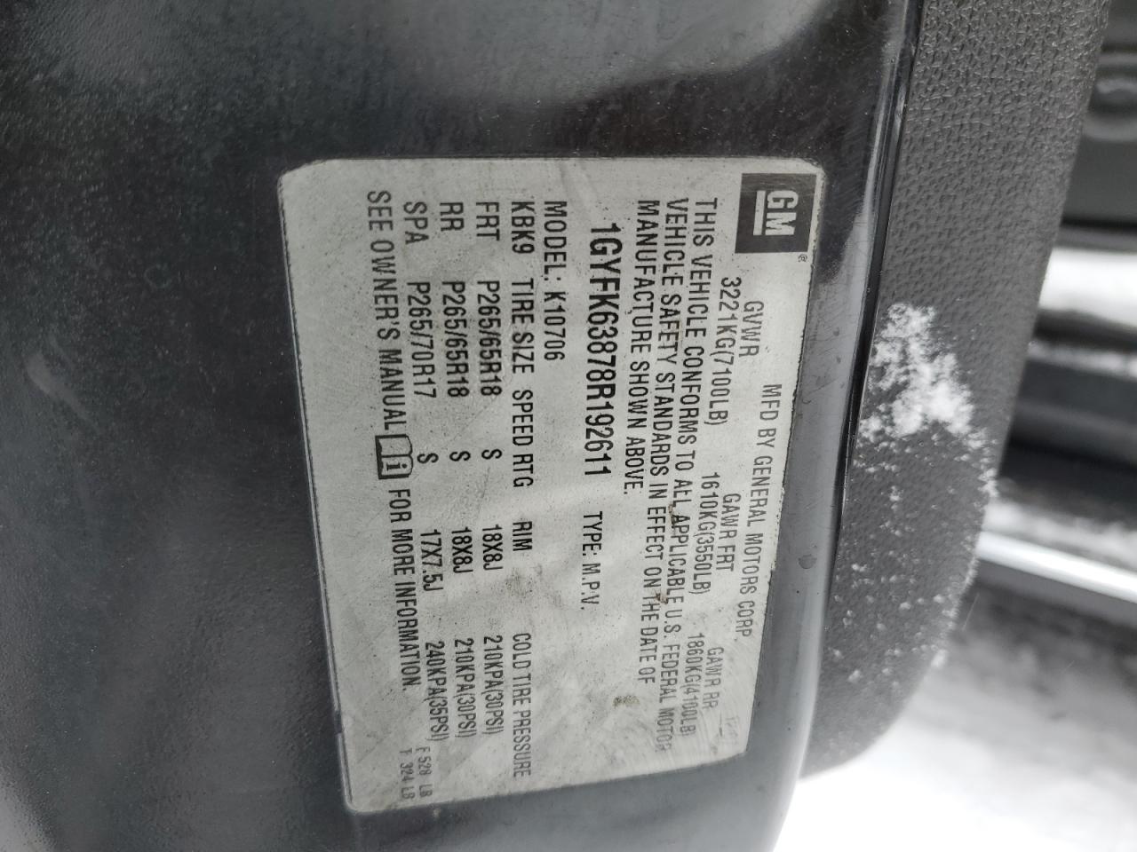 2008 Cadillac Escalade VIN 1GYFK63878R192611 Copart auction photo, front end damage thumbnail 13