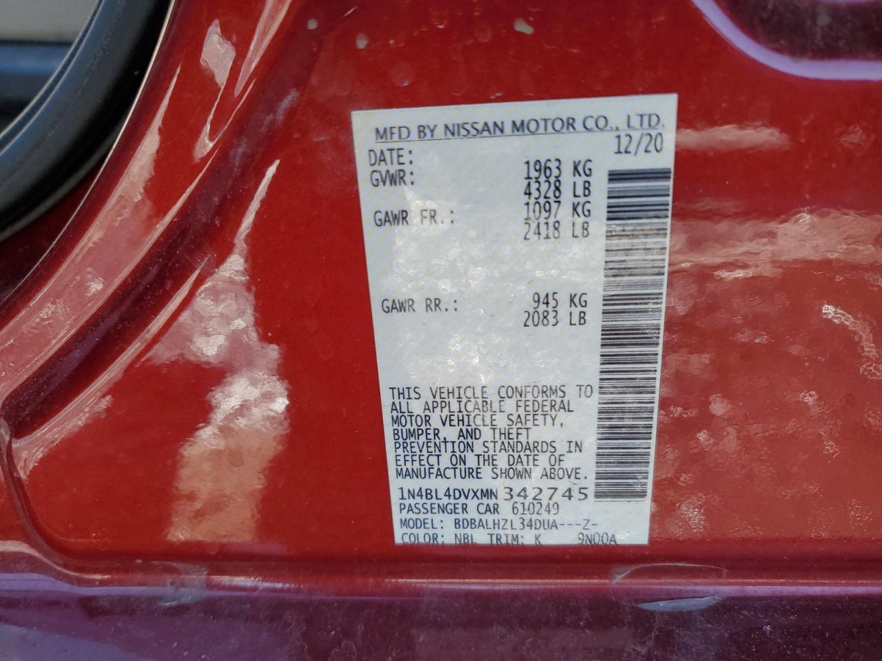 2021 Nissan Altima VIN 1N4BL4DVXMN342745 Copart auction photo, front end / minor dent/scratches damage thumbnail 14