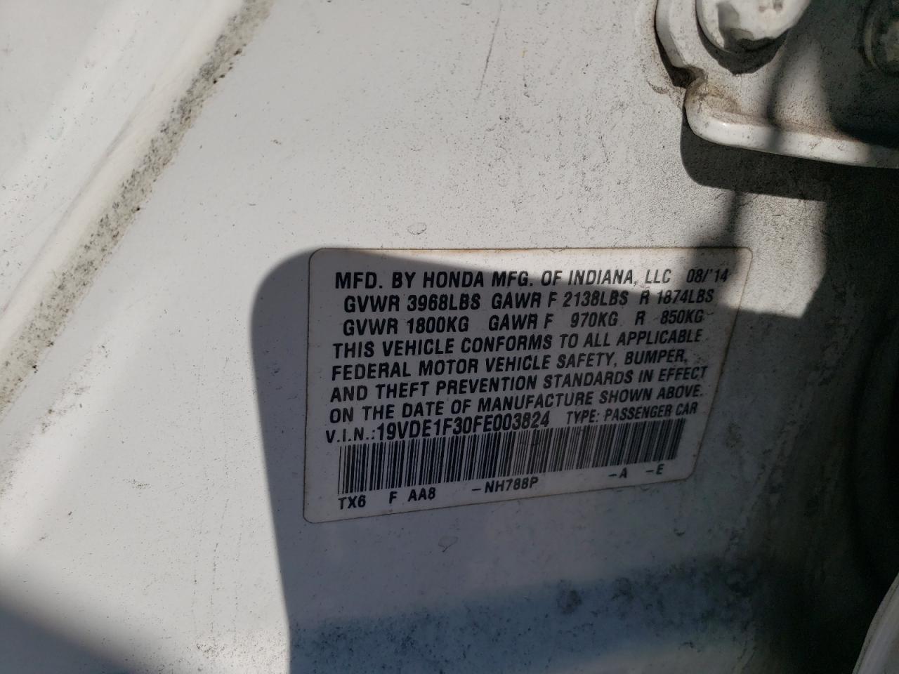 2015 Acura ILX VIN 19VDE1F30FE003824 Copart auction photo, undercarriage damage thumbnail 14