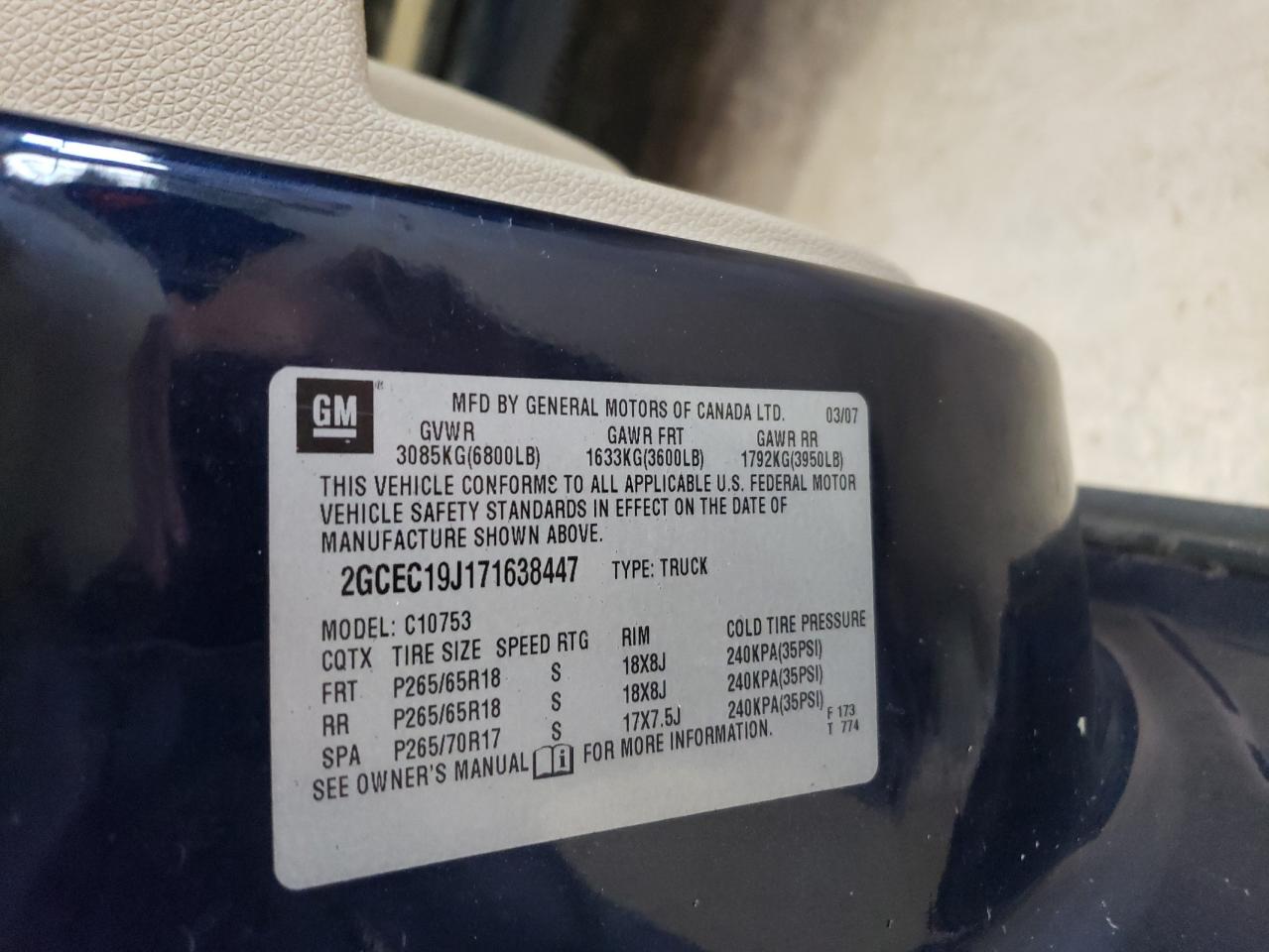2007 Chevrolet Silverado VIN 2GCEC19J171638447 Copart auction photo, front end damage thumbnail 12