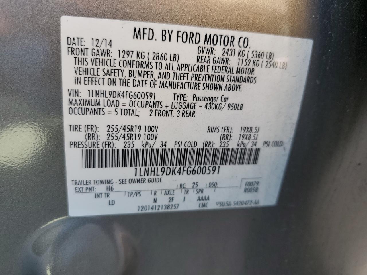 2015 Lincoln MKS VIN 1LNHL9DK4FG600591 Copart auction photo, front end damage thumbnail 12